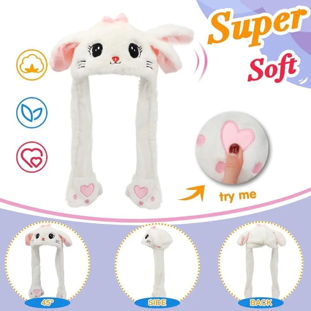 Kids Cat_White Animal Hat with Ears Moving Jumping Pop Up Beating Plush Holiday